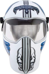 Save Phace - 11" Window Width x 3-3/4" Window Height, 10 Shade Fixed Shade Lens, Fixed Front Welding Helmet - White/Blue/Grey, Nylon Green Lens - Eagle Tool & Supply