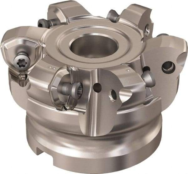 Seco - 6 Inserts, 48.8mm Cutter Diam, 1.8mm Max Depth of Cut, Indexable High-Feed Face Mill - 3/4" Arbor Hole Diam, 8.15mm Keyway Width, 40mm High, R220.21 Toolholder, 218.21-230 Inserts, Series High Feed 6 - Eagle Tool & Supply