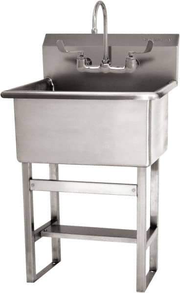 SANI-LAV - 22" Long x 16" Wide Inside, 1 Compartment, Grade 304 Stainless Steel Hand Sink Floor Mount Manual Faucet - 14 Gauge, 25" Long x 19-1/2" Wide x 46-1/2" High Outside, 10-1/2" Deep - Eagle Tool & Supply