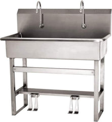 SANI-LAV - 37" Long x 16-1/2" Wide Inside, 1 Compartment, Grade 304 Stainless Steel (3) Person Wash-Station with Double Foot Valves - 16 Gauge, 40" Long x 20" Wide x 45" High Outside, 8" Deep - Eagle Tool & Supply