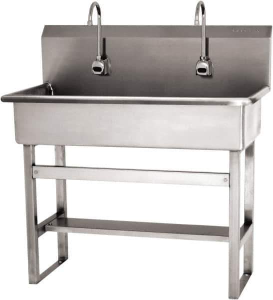 SANI-LAV - 37" Long x 16-1/2" Wide Inside, 1 Compartment, Grade 304 Stainless Steel (3) Person Wash-Station with Electronic Faucet - 16 Gauge, 40" Long x 20" Wide x 45" High Outside, 8" Deep - Eagle Tool & Supply