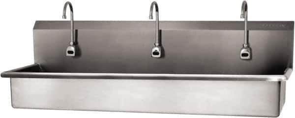 SANI-LAV - 57" Long x 16-1/2" Wide Inside, 1 Compartment, Grade 304 Stainless Steel (3) Person Wash-Station with Electronic Faucet - 16 Gauge, 60" Long x 20" Wide x 18" High Outside, 8" Deep - Eagle Tool & Supply