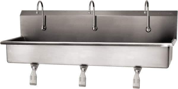 SANI-LAV - 57" Long x 16-1/2" Wide Inside, 1 Compartment, Grade 304 Stainless Steel (3) Person Wash-Station with Single Foot Valves - 16 Gauge, 60" Long x 20" Wide x 18" High Outside, 8" Deep - Eagle Tool & Supply