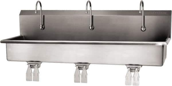 SANI-LAV - 57" Long x 16-1/2" Wide Inside, 1 Compartment, Grade 304 Stainless Steel (3) Person Wash-Station with Double Foot Valves - 16 Gauge, 60" Long x 20" Wide x 18" High Outside, 8" Deep - Eagle Tool & Supply