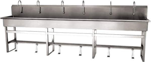 SANI-LAV - 117" Long x 16-1/2" Wide Inside, 1 Compartment, Grade 304 Stainless Steel (6) Person Wash-Station with Single Foot Valves - 16 Gauge, 120" Long x 20" Wide x 45" High Outside, 8" Deep - Eagle Tool & Supply