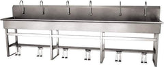 SANI-LAV - 117" Long x 16-1/2" Wide Inside, 1 Compartment, Grade 304 Stainless Steel (6) Person Wash-Station with Double Foot Valves - 16 Gauge, 120" Long x 20" Wide x 45" High Outside, 8" Deep - Eagle Tool & Supply