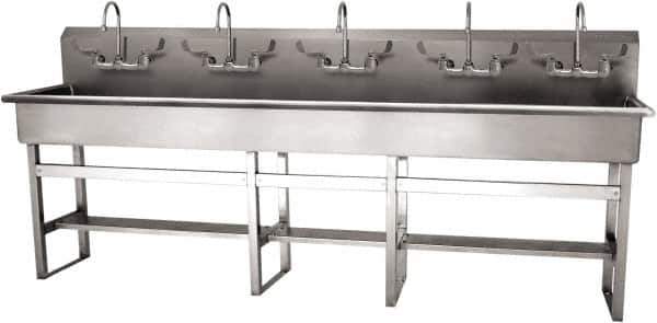 SANI-LAV - 97" Long x 16-1/2" Wide Inside, 1 Compartment, Grade 304 Stainless Steel (5) Person Wash-Station with Manual Faucet - 16 Gauge, 100" Long x 20" Wide x 45" High Outside, 8" Deep - Eagle Tool & Supply