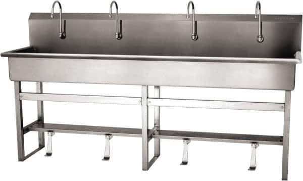 SANI-LAV - 77" Long x 16-1/2" Wide Inside, 1 Compartment, Grade 304 Stainless Steel (5) Person Wash-Station with Single Foot Valves - 16 Gauge, 80" Long x 20" Wide x 45" High Outside, 8" Deep - Eagle Tool & Supply