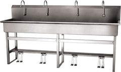 SANI-LAV - 77" Long x 16-1/2" Wide Inside, 1 Compartment, Grade 304 Stainless Steel (5) Person Wash-Station with Double Foot Valves - 16 Gauge, 80" Long x 20" Wide x 45" High Outside, 8" Deep - Eagle Tool & Supply