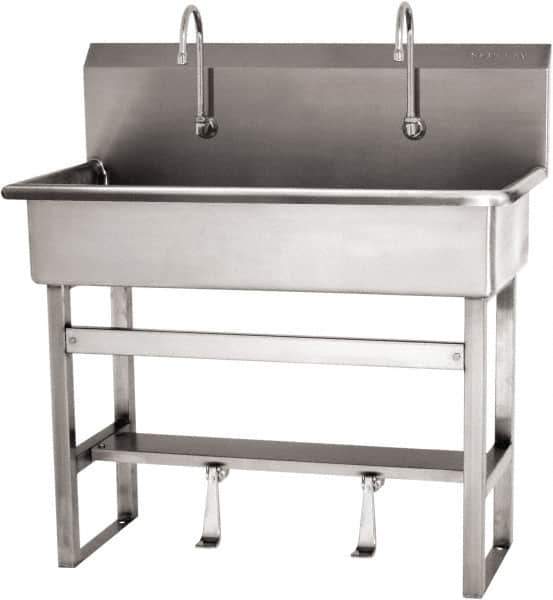 SANI-LAV - 37" Long x 16-1/2" Wide Inside, 1 Compartment, Grade 304 Stainless Steel (3) Person Wash-Station with Single Foot Valves - 16 Gauge, 40" Long x 20" Wide x 45" High Outside, 8" Deep - Eagle Tool & Supply