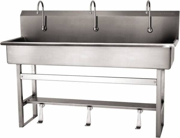 SANI-LAV - 57" Long x 16-1/2" Wide Inside, 1 Compartment, Grade 304 Stainless Steel (4) Person Wash-Station with Single Foot Valves - 16 Gauge, 60" Long x 20" Wide x 45" High Outside, 8" Deep - Eagle Tool & Supply