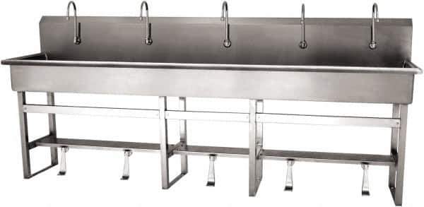 SANI-LAV - 97" Long x 16-1/2" Wide Inside, 1 Compartment, Grade 304 Stainless Steel (5) Person Wash-Station with Single Foot Valves - 16 Gauge, 100" Long x 20" Wide x 45" High Outside, 8" Deep - Eagle Tool & Supply