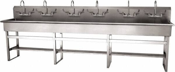 SANI-LAV - 117" Long x 16-1/2" Wide Inside, 1 Compartment, Grade 304 Stainless Steel (6) Person Wash-Station with Manual Faucet - 16 Gauge, 120" Long x 20" Wide x 45" High Outside, 8" Deep - Eagle Tool & Supply