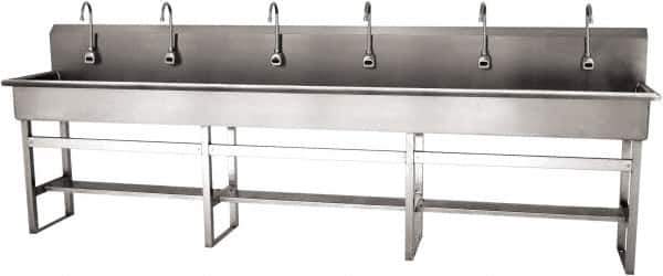 SANI-LAV - 117" Long x 16-1/2" Wide Inside, 1 Compartment, Grade 304 Stainless Steel (6) Person Wash-Station with Electronic Faucet - 16 Gauge, 120" Long x 20" Wide x 45" High Outside, 8" Deep - Eagle Tool & Supply