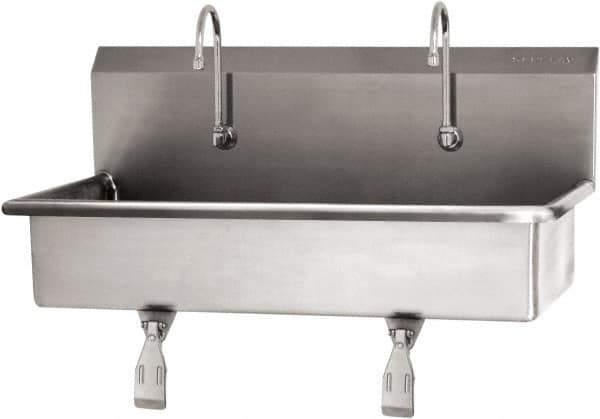 SANI-LAV - 37" Long x 16-1/2" Wide Inside, 1 Compartment, Grade 304 Stainless Steel (2) Person Wash-Station with Single Foot Valves - 16 Gauge, 40" Long x 20" Wide x 18" High Outside, 8" Deep - Eagle Tool & Supply