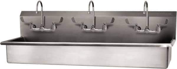 SANI-LAV - 57" Long x 16-1/2" Wide Inside, 1 Compartment, Grade 304 Stainless Steel (3) Person Wash-Station with Manual Faucet - 16 Gauge, 60" Long x 20" Wide x 18" High Outside, 8" Deep - Eagle Tool & Supply