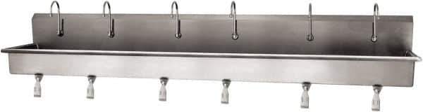 SANI-LAV - 117" Long x 16-1/2" Wide Inside, 1 Compartment, Grade 304 Stainless Steel (6) Person Wash-Station with Single Foot Valves - 16 Gauge, 120" Long x 20" Wide x 18" High Outside, 8" Deep - Eagle Tool & Supply