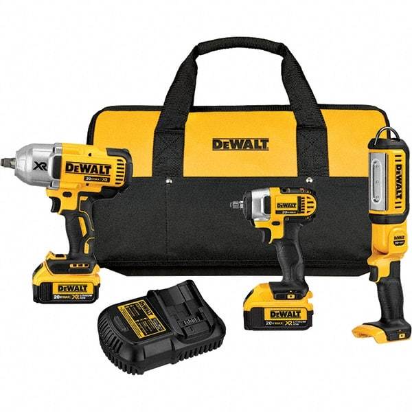 DeWALT - 20 Volt Cordless Tool Combination Kit - Includes 1/2" Impact Wrench, 3/8" Impact Wrench & Handheld Light, Lithium-Ion Battery Included - Eagle Tool & Supply