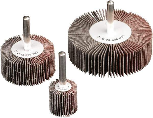 Camel Grinding Wheels - 3" Diam x 1-1/2" Face Width, Medium Aluminum Oxide Coated Mounted Flap Wheel - 1/4" Shank Mount, 60 Grit, X Weighted Cloth Backing, 20,000 Max RPM - Eagle Tool & Supply