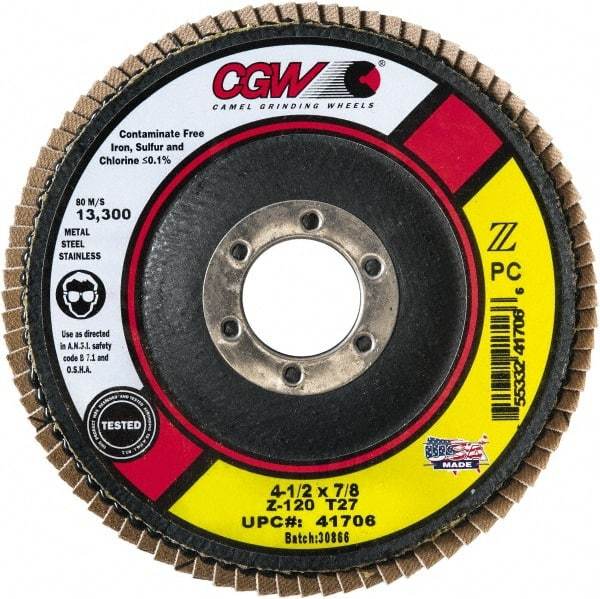 Camel Grinding Wheels - 40 Grit, 7" Disc Diam, 5/8-11 Center Hole, Type 27 Zirconia Alumina Flap Disc - 8,600 Max RPM, Poly Cotton Backing, Arbor Attaching System, Coated - Eagle Tool & Supply