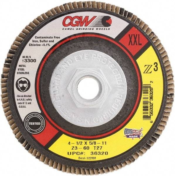 Camel Grinding Wheels - 60 Grit, 4-1/2" Disc Diam, 5/8-11 Center Hole, Type 29 Zirconia Alumina Flap Disc - 13,300 Max RPM, Poly Cotton Backing, Arbor Attaching System, Coated - Eagle Tool & Supply