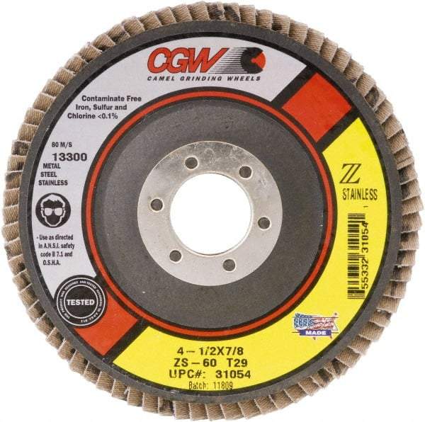 Camel Grinding Wheels - 60 Grit, 4-1/2" Disc Diam, 5/8-11 Center Hole, Type 27 Zirconia Alumina Flap Disc - 13,300 Max RPM, Polyester Backing, Arbor Attaching System, Coated - Eagle Tool & Supply