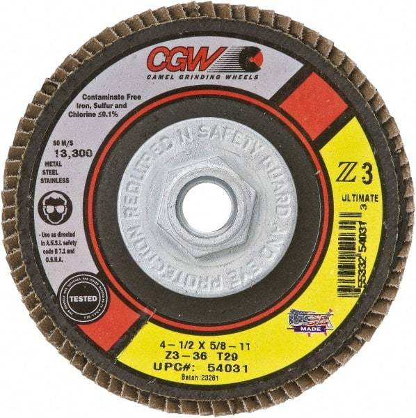 Camel Grinding Wheels - 36 Grit, 4-1/2" Disc Diam, 5/8-11 Center Hole, Type 27 Zirconia Alumina Flap Disc - 13,300 Max RPM, Poly Cotton Backing, Arbor Attaching System, Coated - Eagle Tool & Supply