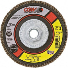 Camel Grinding Wheels - 36 Grit, 4-1/2" Disc Diam, 5/8-11 Center Hole, Type 27 Zirconia Alumina Flap Disc - 13,300 Max RPM, Poly Cotton Backing, Arbor Attaching System, Coated - Eagle Tool & Supply