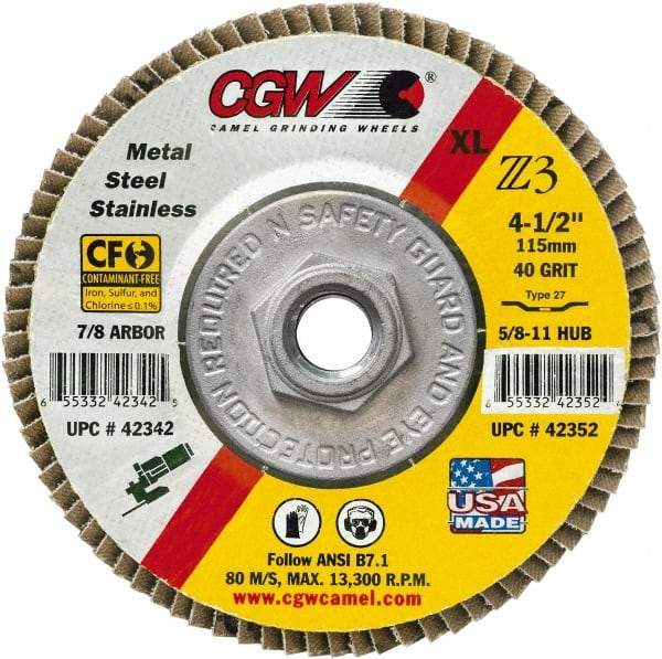 Camel Grinding Wheels - 80 Grit, 5" Disc Diam, 5/8-11 Center Hole, Type 29 Zirconia Alumina Flap Disc - 12,200 Max RPM, Poly Cotton Backing, Arbor Attaching System, Coated - Eagle Tool & Supply