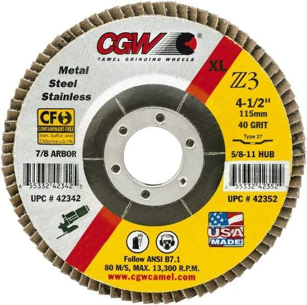 Camel Grinding Wheels - 80 Grit, 6" Disc Diam, 7/8" Center Hole, Type 29 Zirconia Alumina Flap Disc - 10,200 Max RPM, Poly Cotton Backing, Arbor Attaching System, Coated - Eagle Tool & Supply
