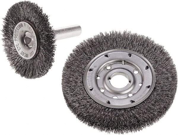 Camel Grinding Wheels - 1-1/2" OD, 1/4" Shank Diam, Crimped Steel Wheel Brush - 1-1/2" Face Width, 1/4" Trim Length, 0.012" Filament Diam - Eagle Tool & Supply