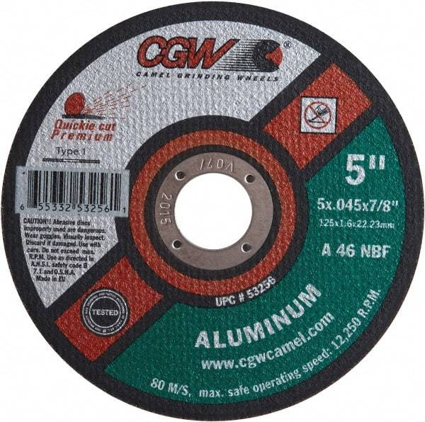 Camel Grinding Wheels - 5" 46 Grit Aluminum Oxide Cutoff Wheel - 0.045" Thick, 7/8" Arbor, 12,250 Max RPM - Eagle Tool & Supply