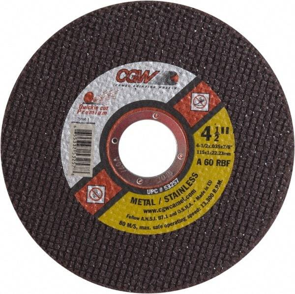 Camel Grinding Wheels - 4-1/2" 60 Grit Aluminum Oxide Cutoff Wheel - 0.035" Thick, 7/8" Arbor, 13,300 Max RPM - Eagle Tool & Supply