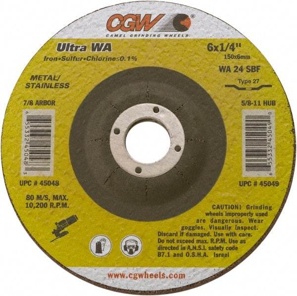 Camel Grinding Wheels - 24 Grit, 7" Wheel Diam, 1/4" Wheel Thickness, 7/8" Arbor Hole, Type 27 Depressed Center Wheel - Coarse Grade, Aluminum Oxide, Resinoid Bond, 8,600 Max RPM - Eagle Tool & Supply