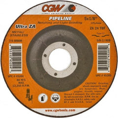 Camel Grinding Wheels - 24 Grit, 5" Wheel Diam, 1/8" Wheel Thickness, 7/8" Arbor Hole, Type 27 Depressed Center Wheel - Coarse Grade, Zirconia Alumina, Resinoid Bond, 12,250 Max RPM - Eagle Tool & Supply
