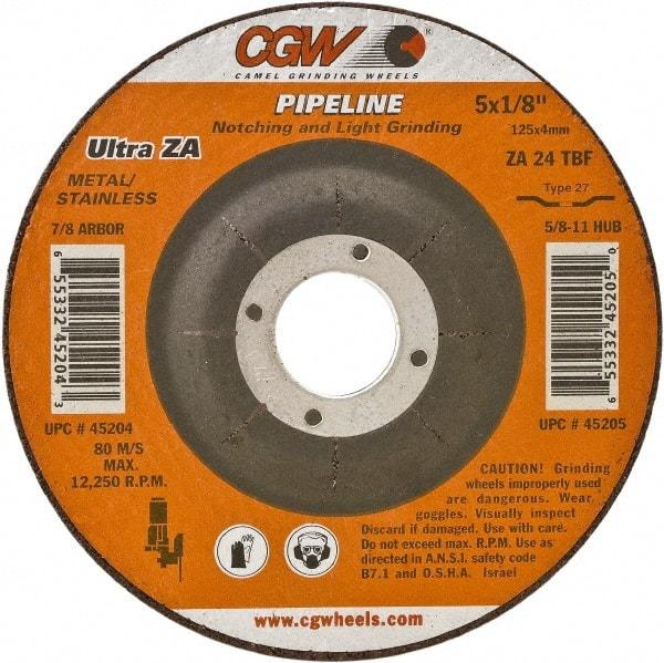 Camel Grinding Wheels - 24 Grit, 4-1/2" Wheel Diam, 1/8" Wheel Thickness, Type 27 Depressed Center Wheel - Coarse Grade, Zirconia Alumina, Resinoid Bond, 13,300 Max RPM - Eagle Tool & Supply