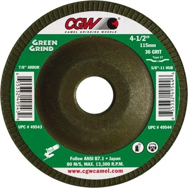 Camel Grinding Wheels - 36 Grit, 4-1/2" Wheel Diam, 5/32" Wheel Thickness, 7/8" Arbor Hole, Type 27 Depressed Center Wheel - Medium Grade, Zirconia Alumina, Resinoid Bond, 13,300 Max RPM - Eagle Tool & Supply
