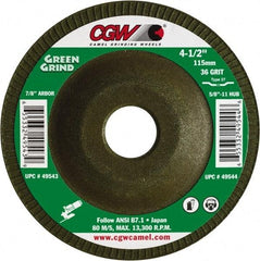 Camel Grinding Wheels - 36 Grit, 4-1/2" Wheel Diam, 5/32" Wheel Thickness, 7/8" Arbor Hole, Type 27 Depressed Center Wheel - Medium Grade, Zirconia Alumina, Resinoid Bond, 13,300 Max RPM - Eagle Tool & Supply