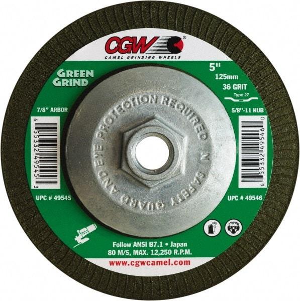 Camel Grinding Wheels - 36 Grit, 4-1/2" Wheel Diam, 5/32" Wheel Thickness, Type 27 Depressed Center Wheel - Medium Grade, Zirconia Alumina, Resinoid Bond, 13,300 Max RPM - Eagle Tool & Supply