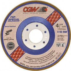 Camel Grinding Wheels - 60 Grit, 4-1/2" Wheel Diam, 1/8" Wheel Thickness, 7/8" Arbor Hole, Type 29 Depressed Center Wheel - Medium Grade, Aluminum Oxide, Resinoid Bond, 13,300 Max RPM - Eagle Tool & Supply
