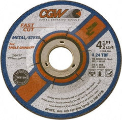 Camel Grinding Wheels - 24 Grit, 4-1/2" Wheel Diam, 1/4" Wheel Thickness, Type 27 Depressed Center Wheel - Coarse Grade, Aluminum Oxide, Resinoid Bond, 13,300 Max RPM - Eagle Tool & Supply