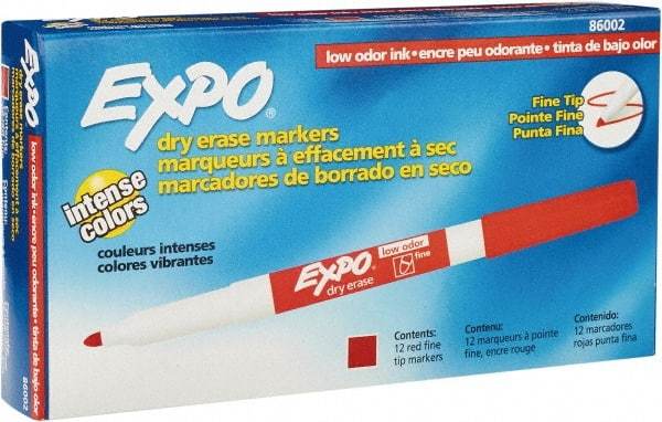 Expo - Red, Fine Point, Dozen Low Odor Dry Erase Markers - For Use with Dry Erase Marker Boards - Eagle Tool & Supply