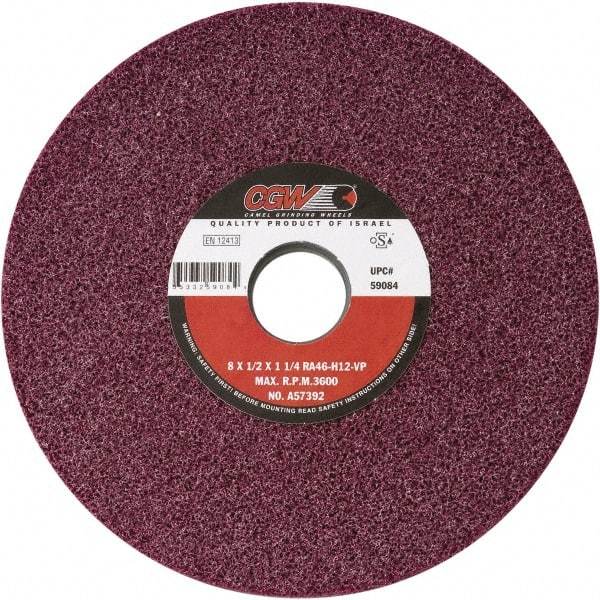 Camel Grinding Wheels - 8" Diam x 1-1/4" Hole x 1/2" Thick, H Hardness, 46 Grit Surface Grinding Wheel - Aluminum Oxide, Type 1, Medium Grade, Vitrified Bond, No Recess - Eagle Tool & Supply