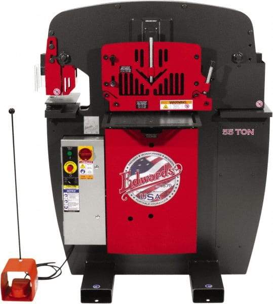 Edwards Manufacturing - 7-1/2" Throat Depth, 55 Ton Punch Pressure, 1-1/16" in 5/8" Punch Capacity Ironworker - 5 hp, 3 Phase, 230 Volts, 44-3/8" Wide x 55-1/4" High x 36-1/8" Deep - Eagle Tool & Supply