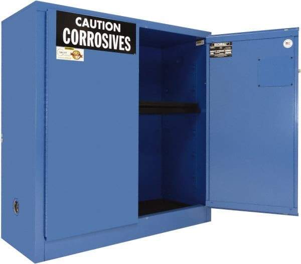 Securall Cabinets - 2 Door, 1 Shelf, Blue Steel Standard Safety Cabinet for Corrosive Chemicals - 44" High x 43" Wide x 18" Deep, Manual Closing Door, 3 Point Key Lock, 30 Gal Capacity - Eagle Tool & Supply