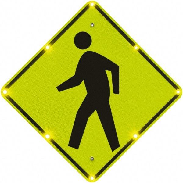 TAPCO - "Pedestrian Crossing", 30" Wide x 30" High, Aluminum Pedestrian Crossing Signs - 0.08" Thick, Fluorescent Yellow, Green, Black, Diamond Grade Reflectivity, Diamond, Post Mount - Eagle Tool & Supply