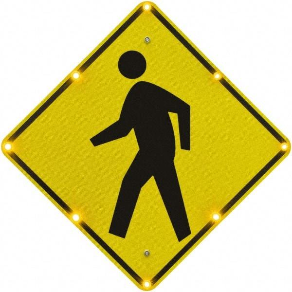 TAPCO - "Pedestrian Crossing", 36" Wide x 36" High, Aluminum Pedestrian Crossing Signs - 0.08" Thick, Fluorescent Yellow, Black, Diamond Grade Reflectivity, Diamond, Post Mount - Eagle Tool & Supply