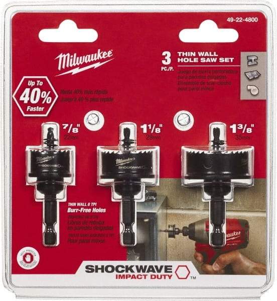 Milwaukee Tool - 3 Piece, 7/8" to 1-3/8" Saw Diam, Impact Rated Hole Saw Kit - Bi-Metal, Toothed Edge, Includes 3 Hole Saws - Eagle Tool & Supply