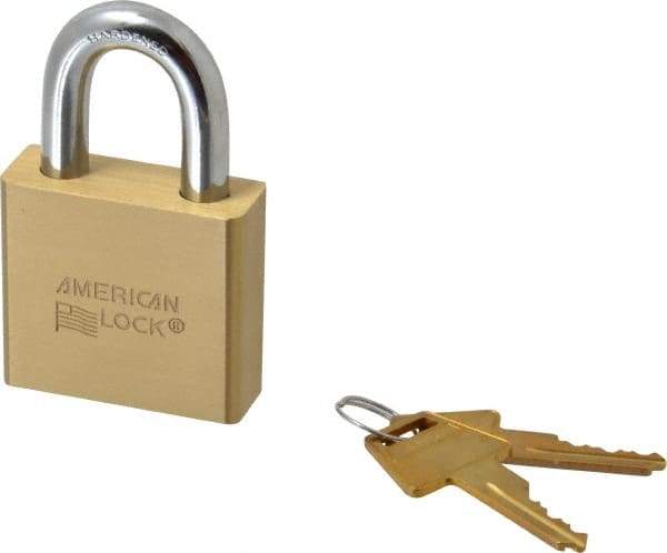 American Lock - 1-1/8" Shackle Clearance, Keyed Different A5570 Padlock - 3/8" Shackle Diam, Steel & Brass, with Solid Extruded Brass Finish - Eagle Tool & Supply