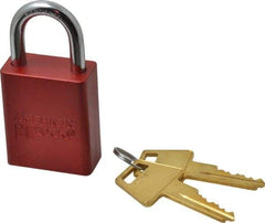 American Lock - Keyed Alike Conductive Lockout Padlock - 1" Shackle Clearance, 1/4" Shackle Diam, 1.8" Body Height x 1-1/2" Body Width, Red, 5 Pins - Eagle Tool & Supply